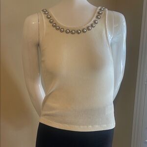 Alice + Olivia Cotton Ribbed Pearl Trim Scoop Neck Crop Tank Top SM EC
